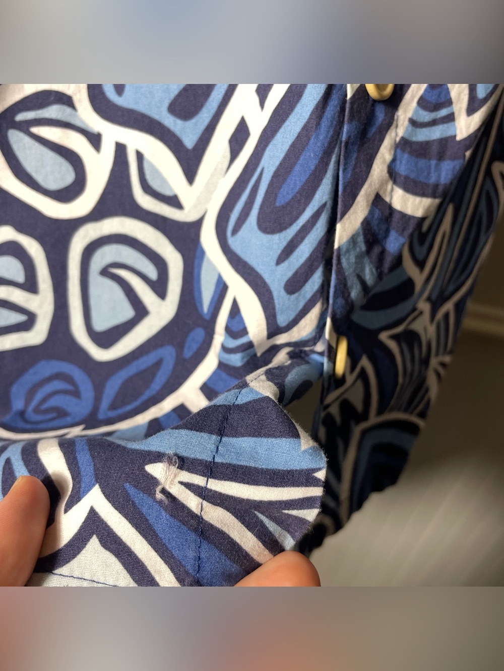 Rix Men’s Blue White Ulu Breadfruit Palm Print Button Up Collared Aloha Hawaiian - Picture 15 of 15